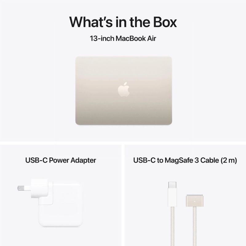 Laptop Apple MacBook Air M5 diseño delgado sin ventilador color starlight vista contenido caja
