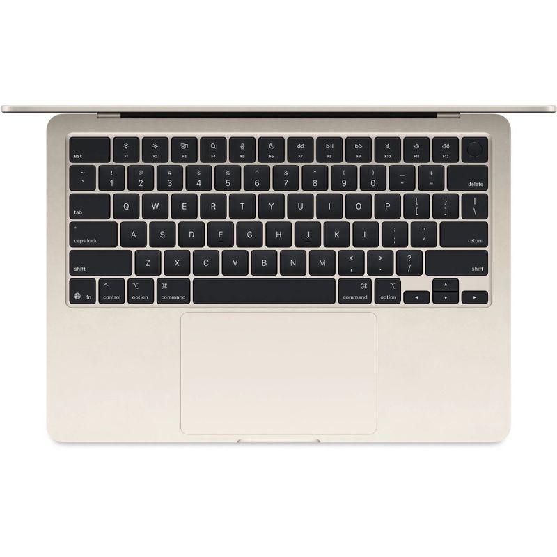 MacBook Air M5 portátil ligera con teclado inglés color starlight vista superior