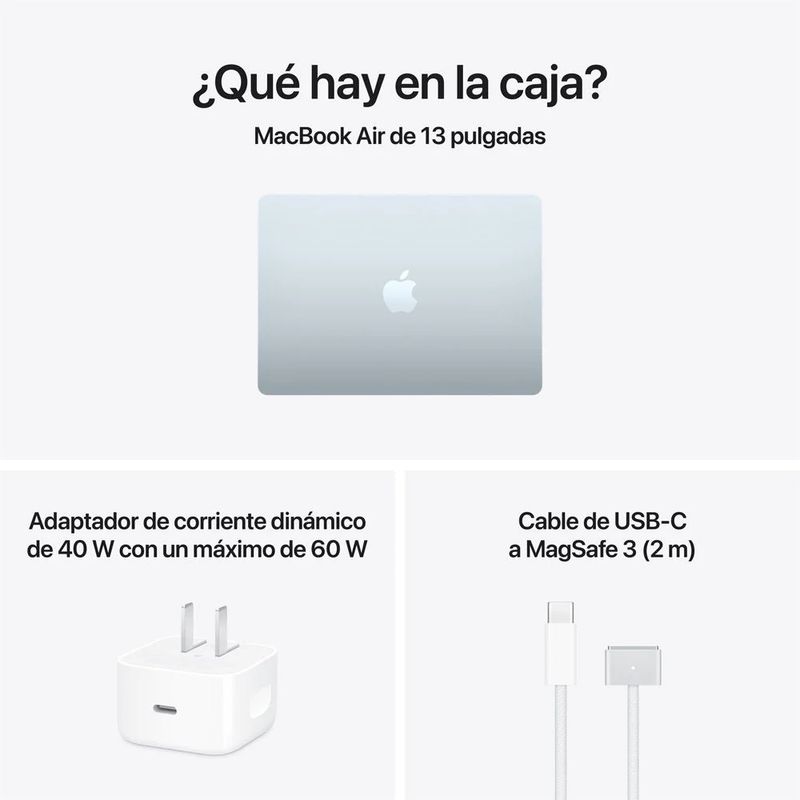MacBook Air M5 portátil ligera con teclado inglés color sky blue vista contenido de la caja