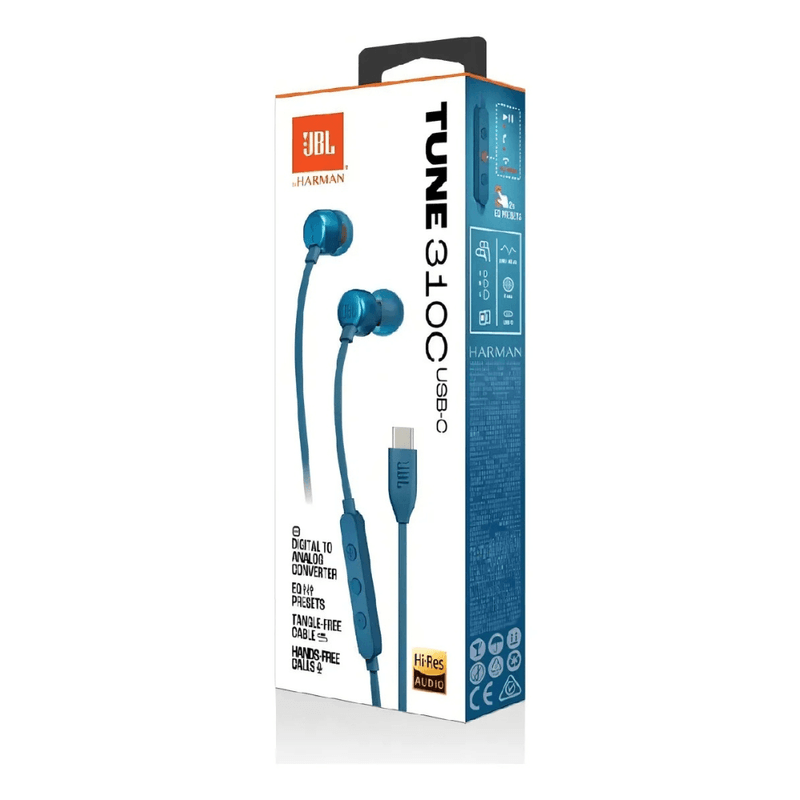Audífonos JBL Tune 310C USB-C Hi-Res Pure Bass In-Ear empaque diagonal