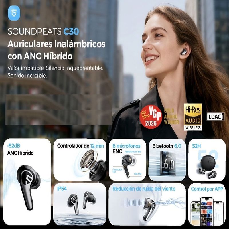 Audífonos SoundPEATS C30 ANC LDAC Hi-Res 52h negro beneficios