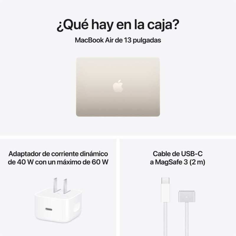 MacBook Air M5 con teclado y pantalla brillante color silver vista contenido de la caja