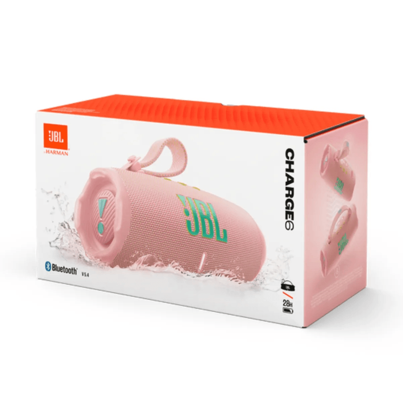 Parlante bluetooth JBL Charge 6 45W resistente al agua IP68 rosado vista frontal empaque del producto