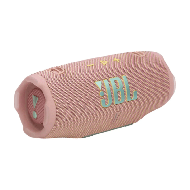 Parlante bluetooth JBL Charge 6 45W resistente al agua IP68 rosado vista perspectiva tres cuartos radiador pasivo lateral