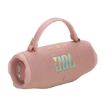 Parlante bluetooth JBL Charge 6 45W resistente al agua IP68 rosado vista perspectiva tres cuartos con correa de transporte
