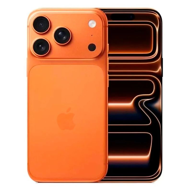 iPhone 17 Pro Max eSIM 256GB color naranja pantalla OLED 120Hz vista frontal y trasera
