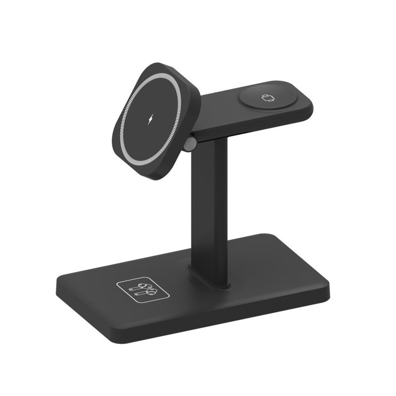 Cargador inalámbrico 3 en 1 iPhone Apple Watch AirPods frontal oblicuo