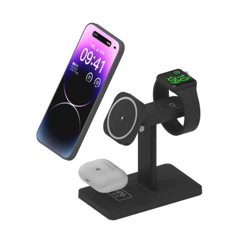 Cargador inalámbrico 3 en 1 iPhone Apple Watch AirPods beneficios frontal