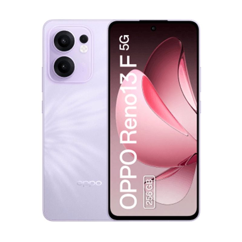 Oppo Reno 13F 5G 256GB 12GB RAM color morado vista frontal y trasera