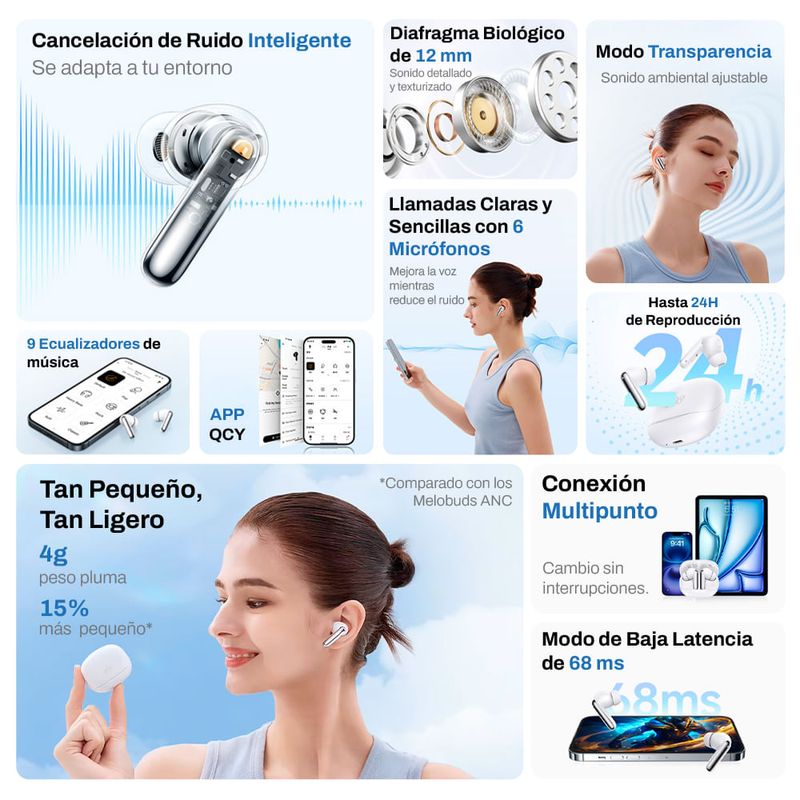 Audífonos QCY Melobuds N50 Bluetooth 24h cancelación ruido especificaciones