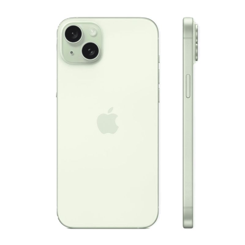 Smartphone Apple iPhone 15 Plus cámara 48MP color verde vista trasera y lateral