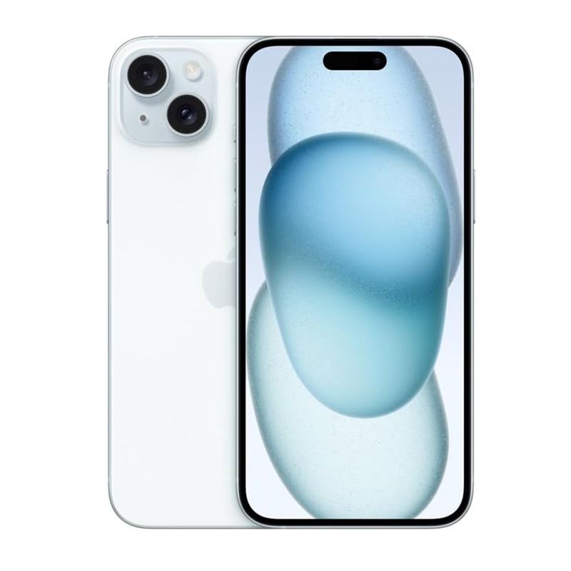 iPhone 15 Plus eSIM 256GB color azul vista frontal y trasera pantalla 6.7 pulgadas