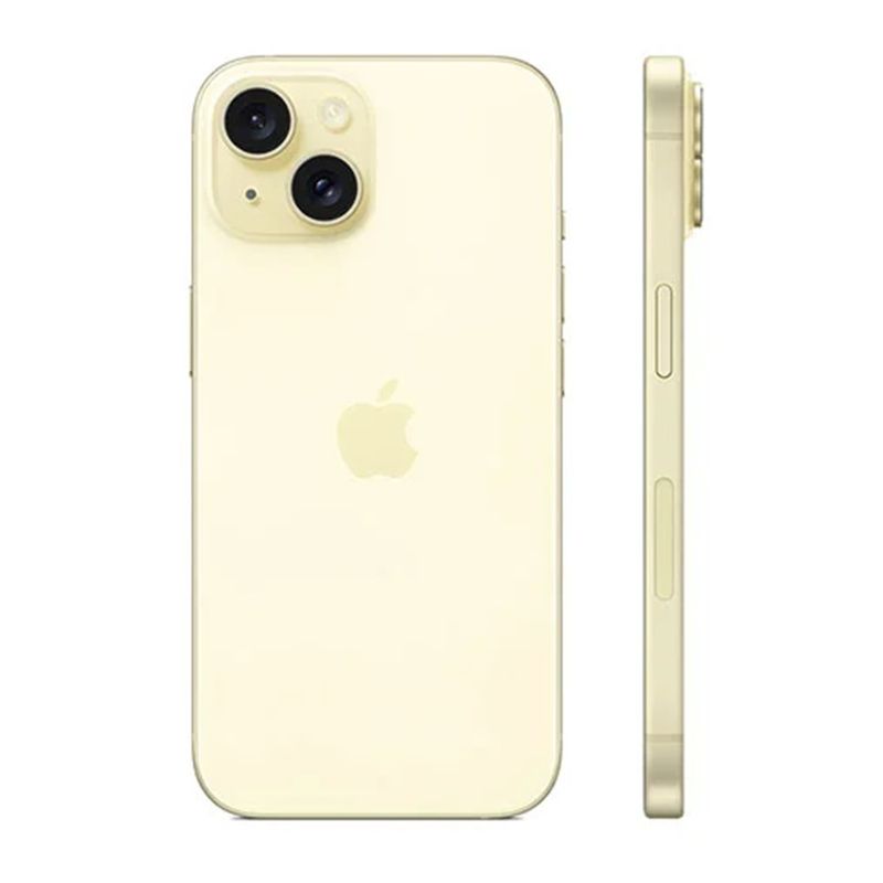 Smartphone Apple iPhone 15 Plus cámara 48MP color amarillo vista trasera y lateral