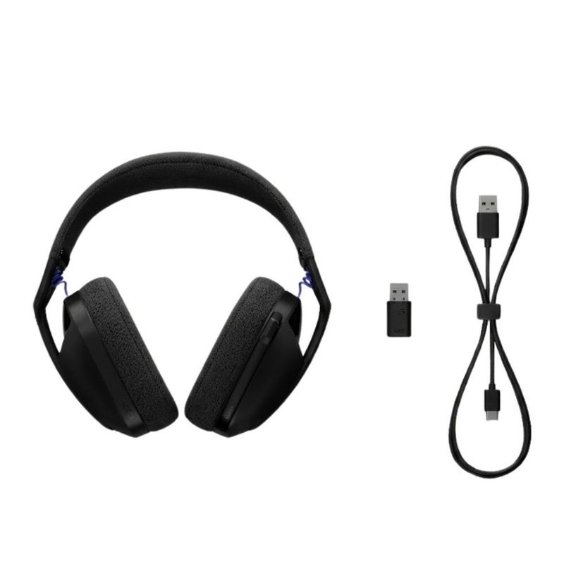 Audífonos gamer Logitech G321 con micrófono bluetooth 20 horas negro vista frontal y cable de carga