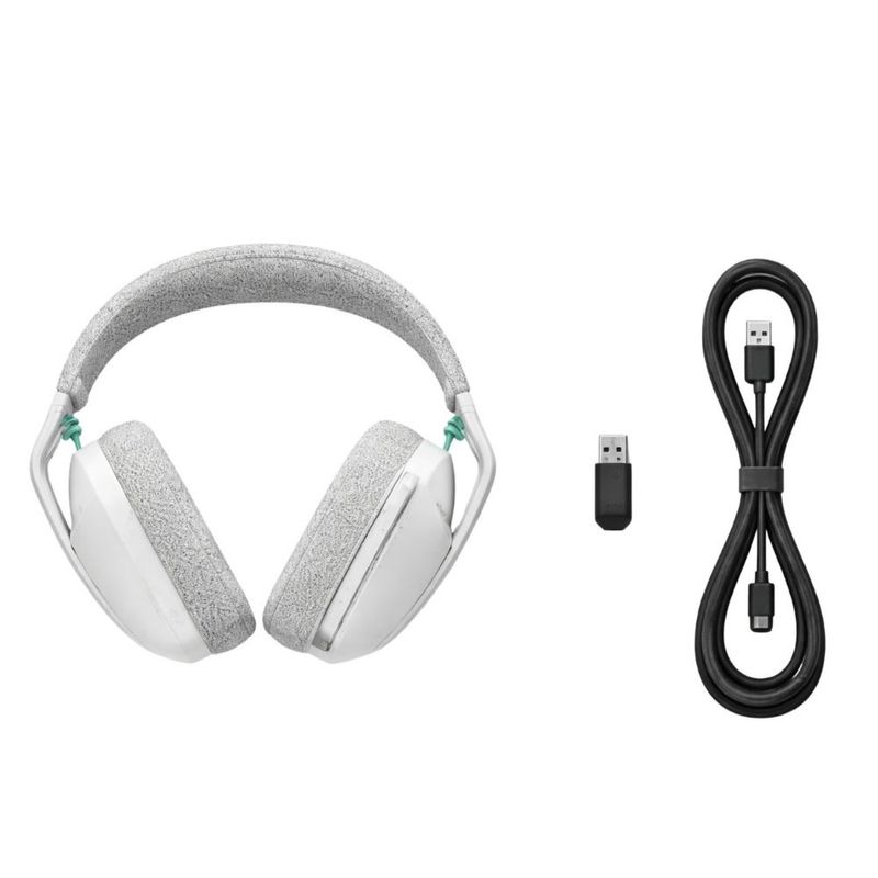 Audífonos gamer Logitech G321 con micrófono bluetooth inalámbrico blanco vista frontal y cable de carga
