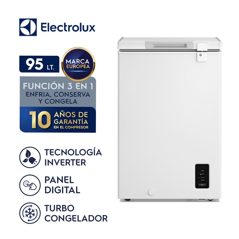 Congelador Electrolux 95L inverter color blanco vista frontal con información