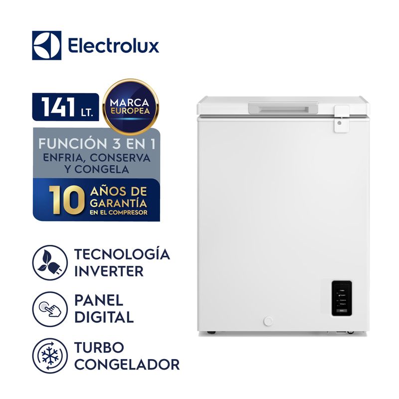 Congelador Electrolux 141L inverter color blanco vista frontal con información