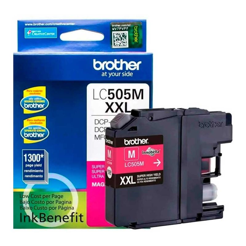 Cartucho Brother C-505M rinde hasta 1300 páginas magenta vista frontal y empaque