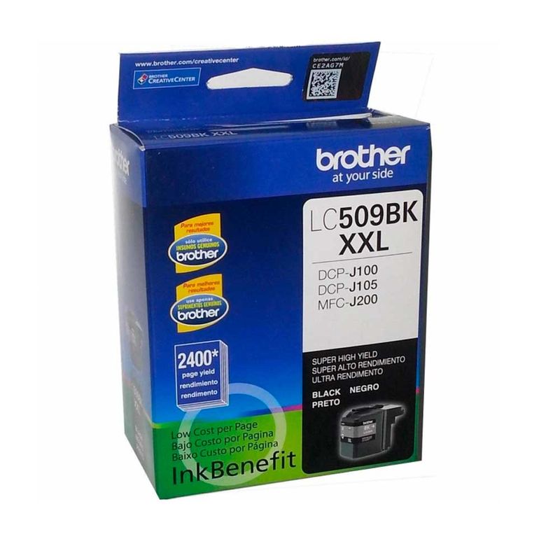 Cartucho Brother  LC-509bk rinde hasta 1300 páginas negro vista frontal oblicua empaque