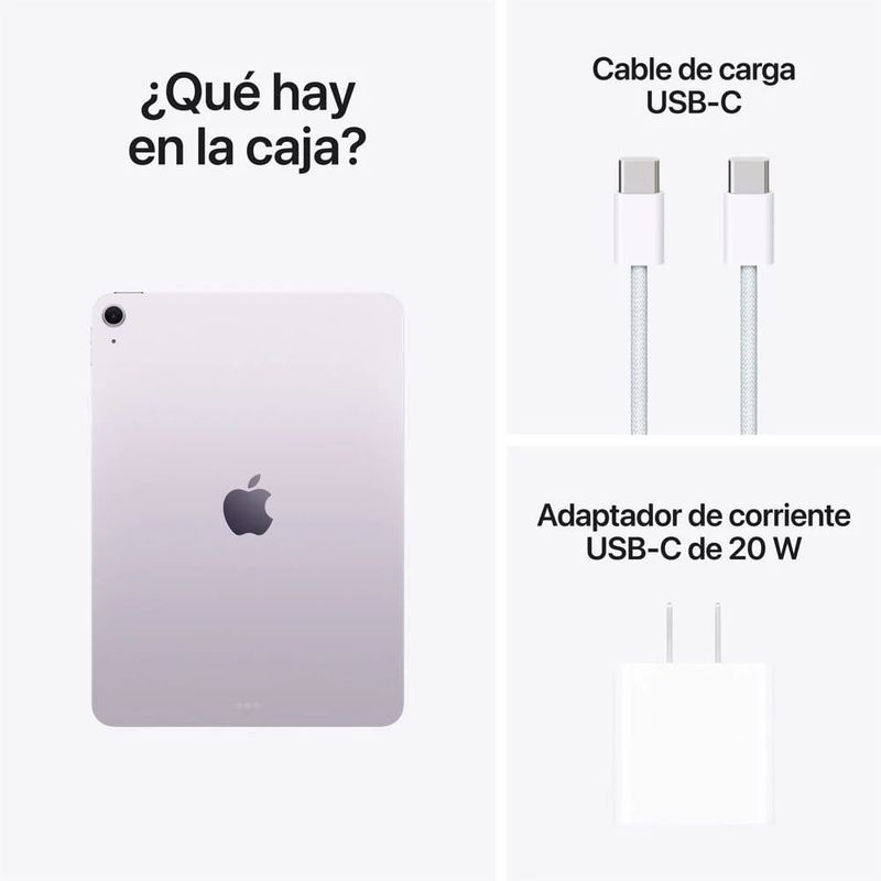 iPad Air diseño delgado y ligero color purple vista contenido de la caja