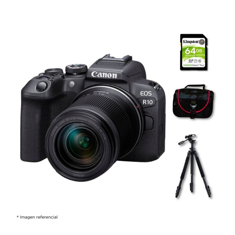 Cámara mirroless Canon EOS R10 24.2MP + lente 18-150mm + kit deluxe vista frontal