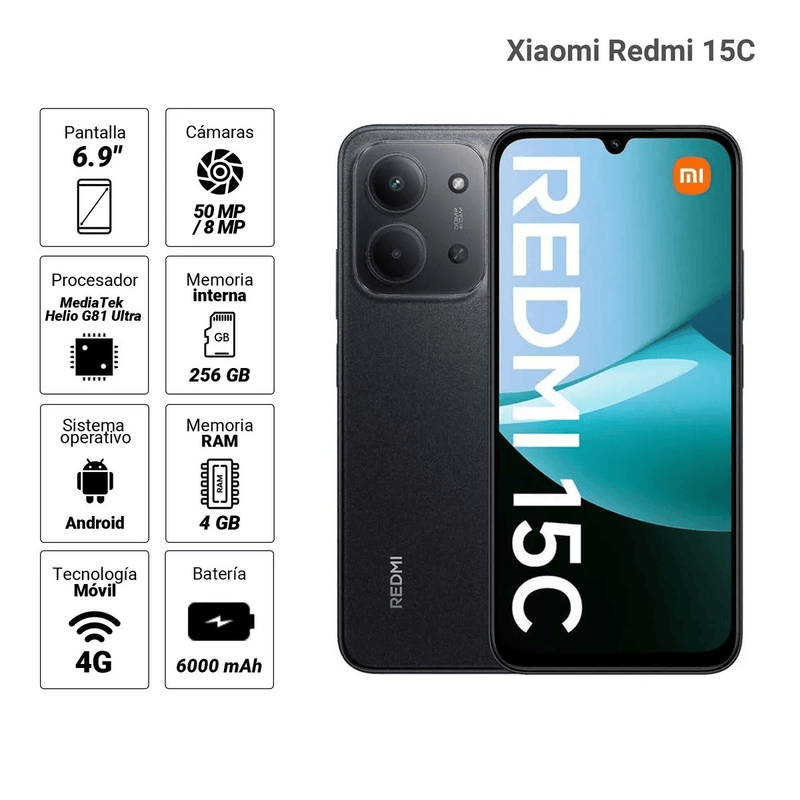 Redmi 15C diseño moderno color negro vista iconografia
