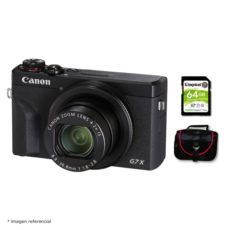 Cámara compacta Canon G7X Mark III 20.1MP 4K zoom 4.2x vista frontal oblicua con Kit básico