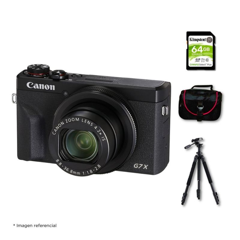 Cámara compacta Canon G7X Mark III 20.1MP 4K zoom 4.2x vista frontal oblicua con Kit deluxe