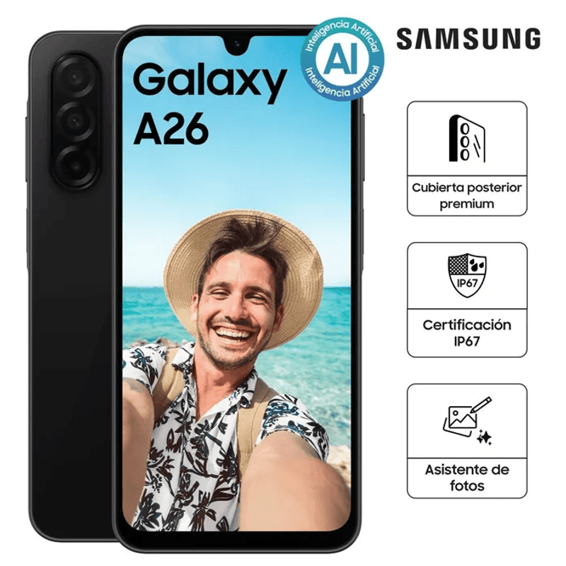 Samsung Galaxy A26 256GB 8GB RAM color negro vista frontal y trasera con información