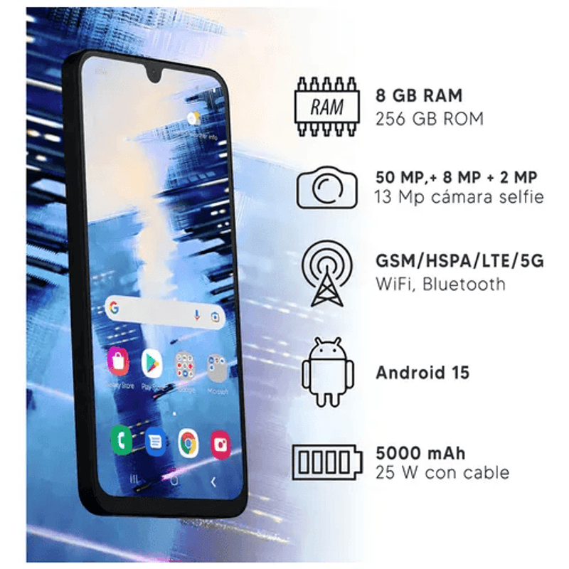 Samsung A26 pantalla 6.7 pulgadas color negro vista diagonal