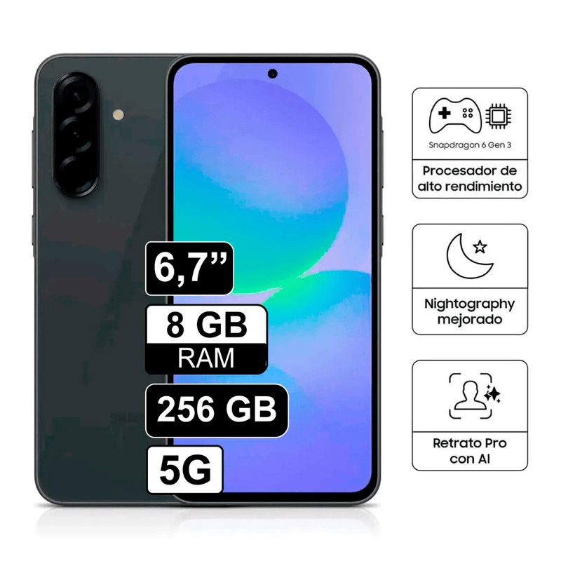 Samsung Galaxy A26 256GB 8GB RAM color negro vista frontal y trasera con información