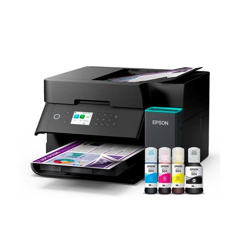 Impresora multifuncional Epson EcoTank L6370 Wi-Fi dúplex vista frontal oblicua con botellas de tinta