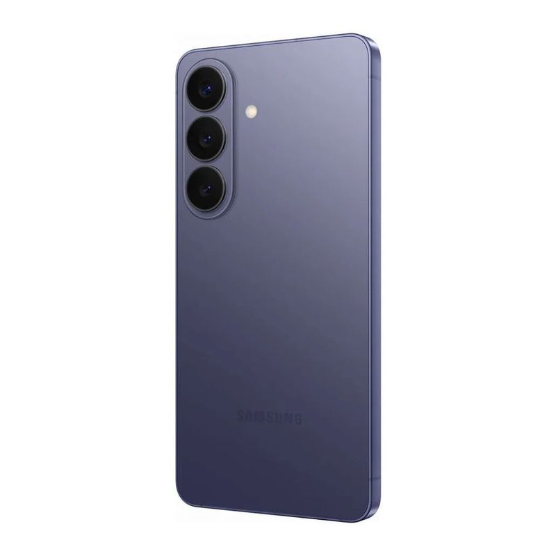 Celular Samsung Galaxy S26 12GB RAM 256GB 5G pantalla AMOLED violeta cobalto vista dorsal oblicua