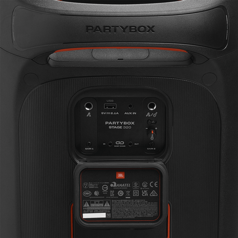 Parlante JBL PartyBox 320 Bluetooth 240W batería 18h dorsal detalle