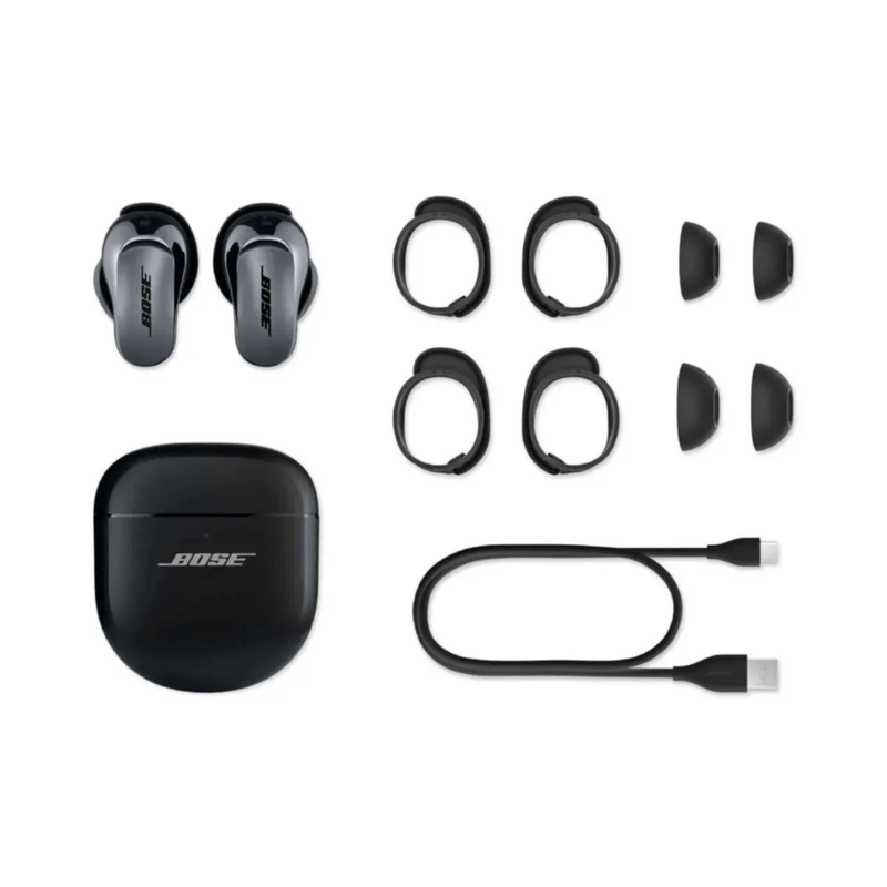 Audífonos bluetooth True Wireless Bose QuietComfort Ultra Earbuds resistente al agua IPX4 negro vista frontal contenido de la caja