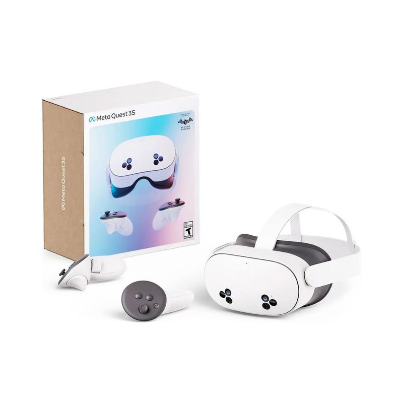 Lentes de realidad virtual Meta Quest 3S 256GB Wi-Fi blanco vista frontal oblicua mandos y empaque