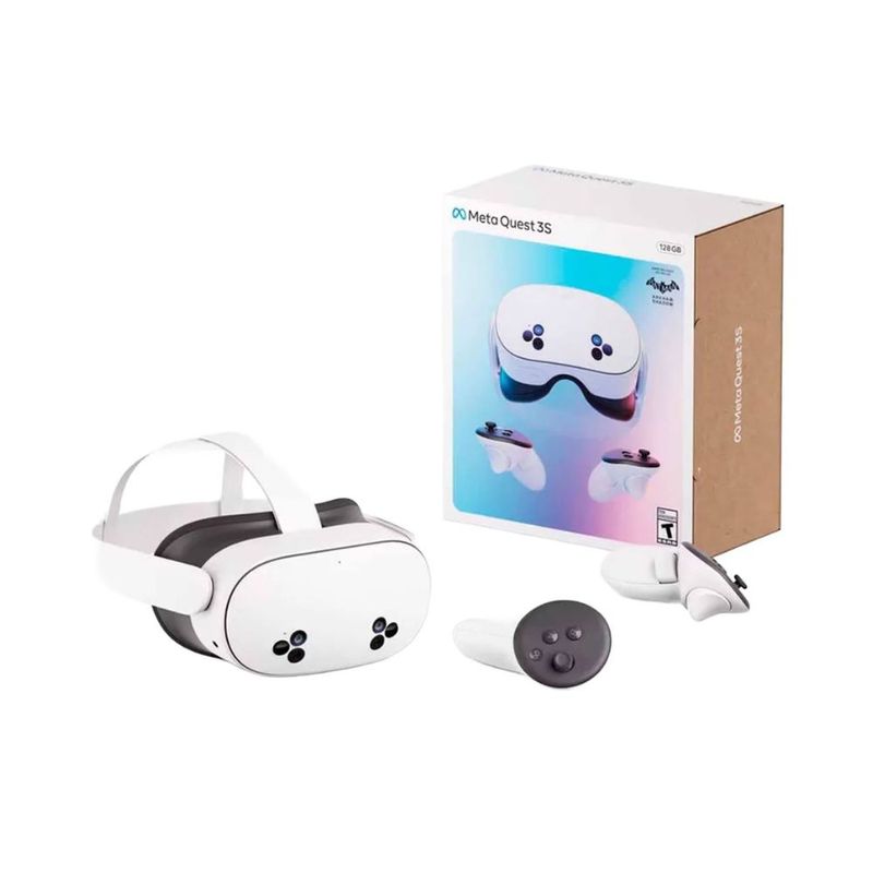 Lentes de realidad virtual Meta Quest 3S 128GB Wi-Fi blanco vista frontal oblicua mando y empaque