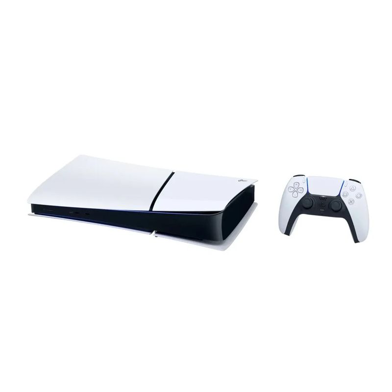 Consola PS5 Slim Digital 825GB DualSense Fortnite frontal oblicuo