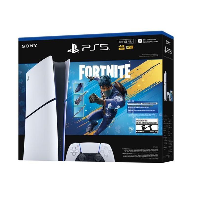 Consola PS5 Slim Digital 825GB DualSense Fortnite diagonal