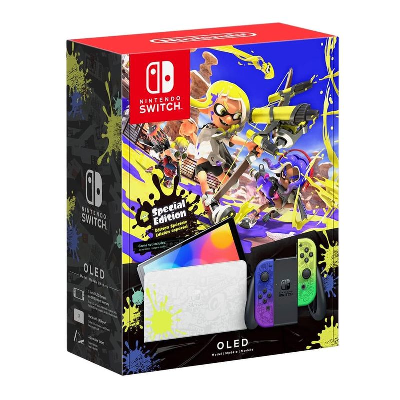 Nintendo Switch OLED Splatoon 3 64GB edición especial frontal oblicuo