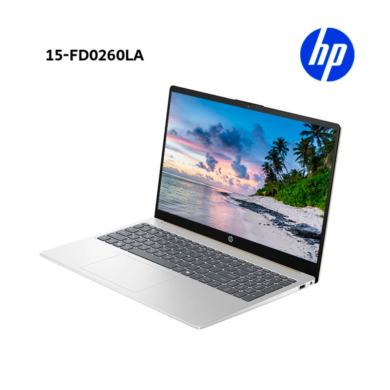 Laptop HP Core 5 120U 16GB RAM 15.6 pulgadas dorado cálido plata natural vista frontal oblicua