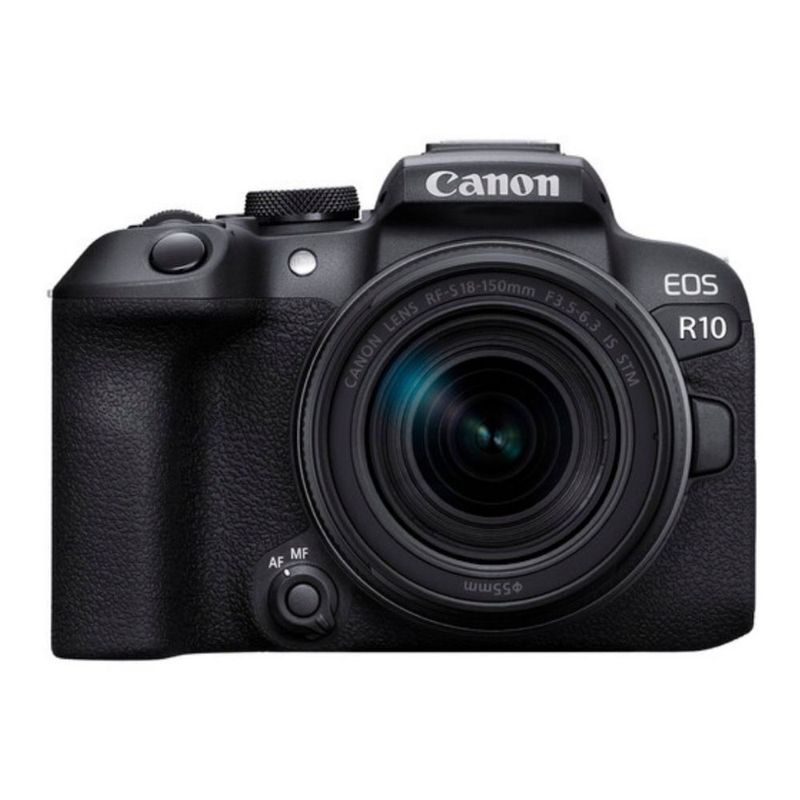 Cámara mirroless Canon EOS R10 24.2MP + lente 18-150mm negro vista frontal