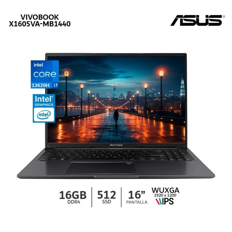 Laptop ASUS Vivobook 16 6X1605VA-MB1440 Intel Core i7 16" 16GB 512GB SSD negro especificaciones