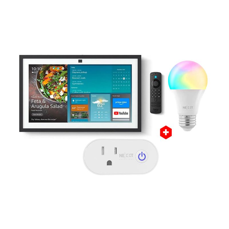Echo Show 15 Alexa + Foco Nexxt Multicolor + Enchufe paquete frontal