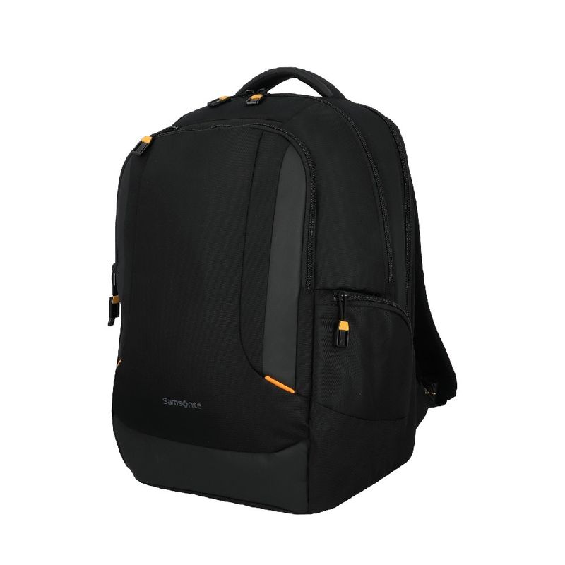 Mochila viajera Samsonite Locus negra con smart sleeve  frontal oblicuo