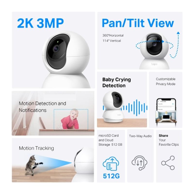Kit 3 cámaras TP-Link Tapo C210 3MP Wi-Fi visión nocturna 360° audio bidireccional blanco con micro SD 64GB especificaciones