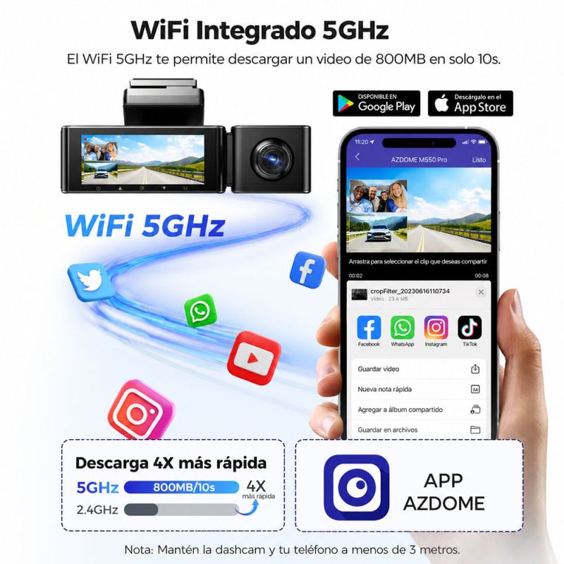 Cámara para autos dashcam Azdome M550 Pro 4K frontal interior trasera GPS, Wi-Fi  negro con micro SD 64GB especificaciones