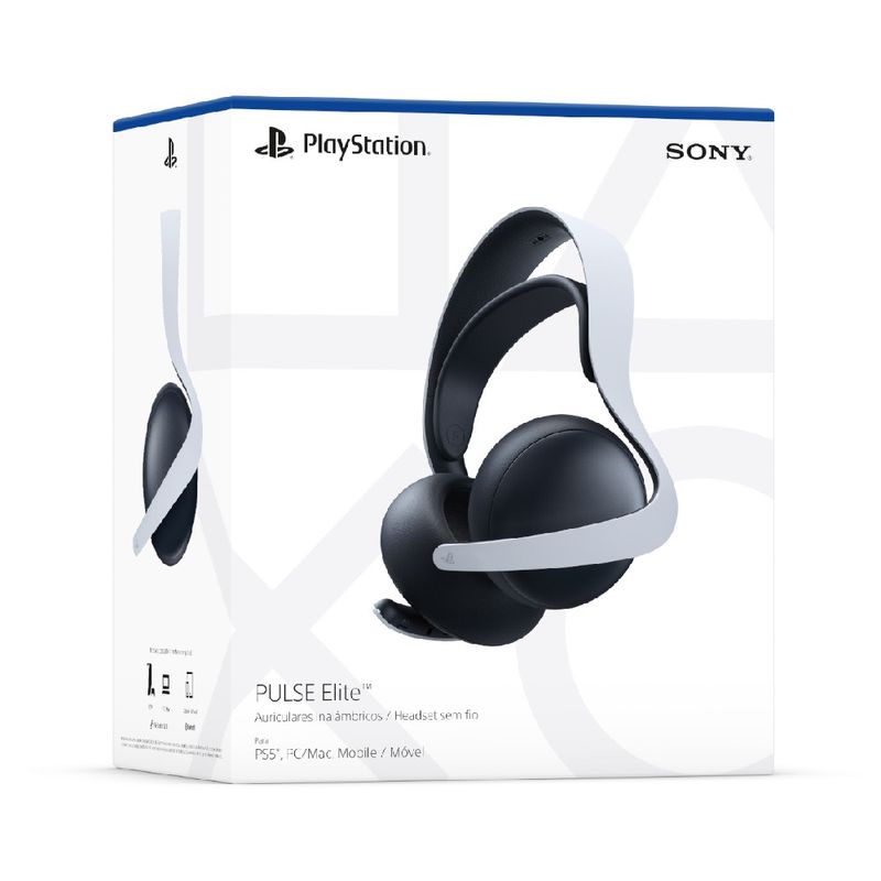 Audífonos Sony Pulse Elite PS5 PC blanco paquete frontal oblicuo