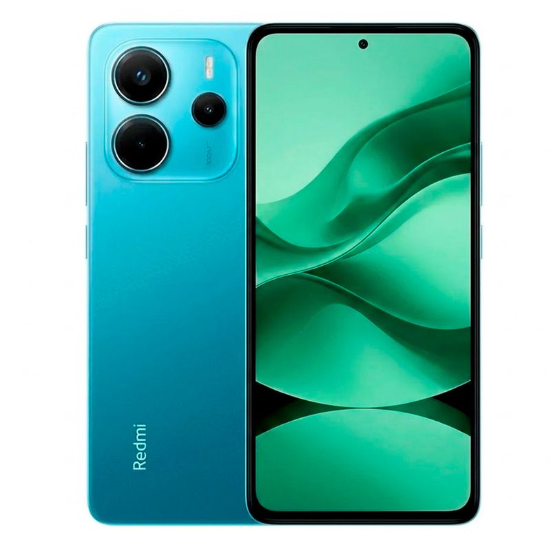 Celular Xiaomi Redmi Note 14 azul 128GB 6GB RAM vista frontal pantalla encendida