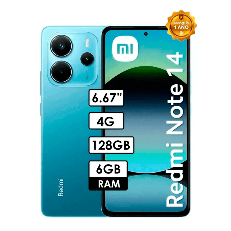 Celular Xiaomi Redmi Note 14 azul 128GB 6GB RAM vista en ángulo diseño